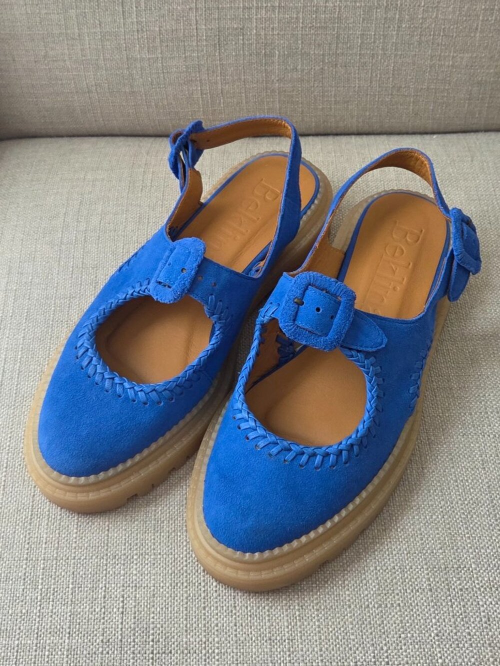 Beklina Mara Maria Sandal Parrot Blue Size 7 Suede Round Closed Toe Buckle Flat